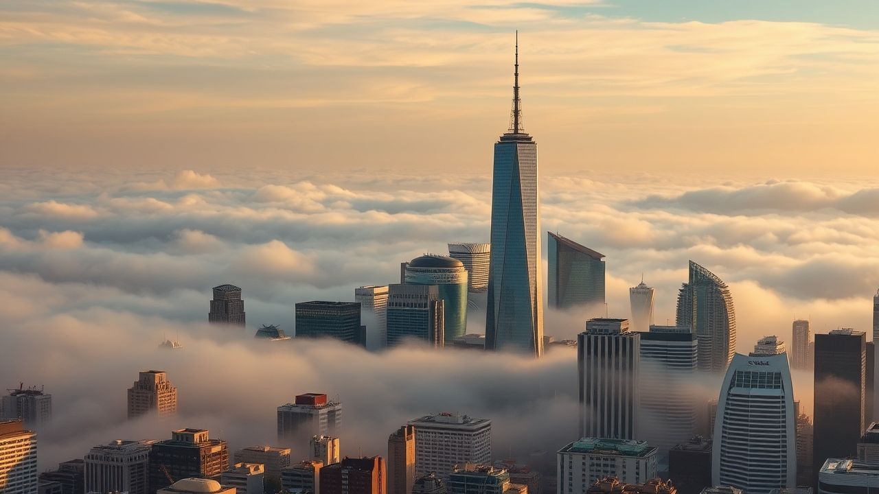 Vibrant City Skyscrapers Emerging in the Mist