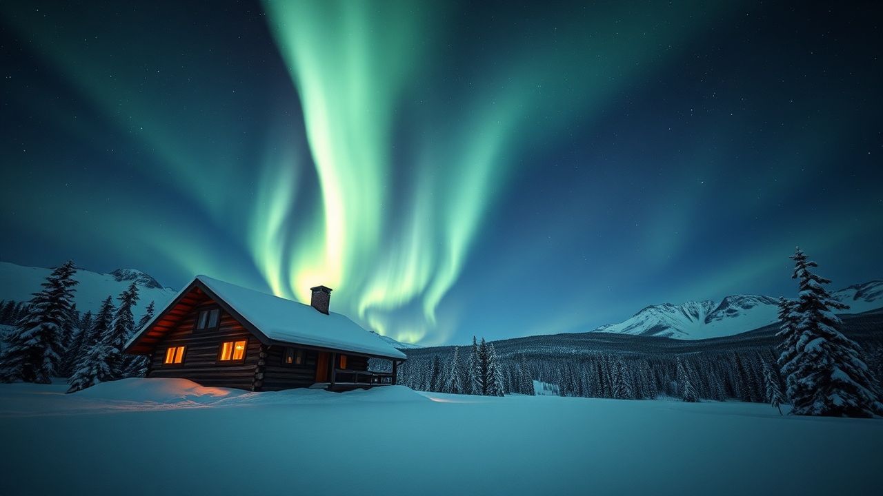 Ethereal Northern Lights Cabin in Winter
