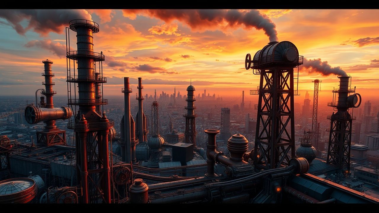 Riveted Steampunk City Brass at Sunset