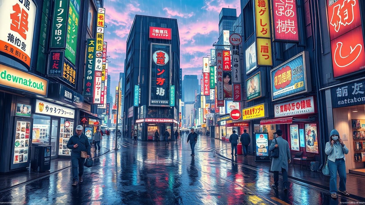 Vibrant Tokyo Street Signs in the Rain