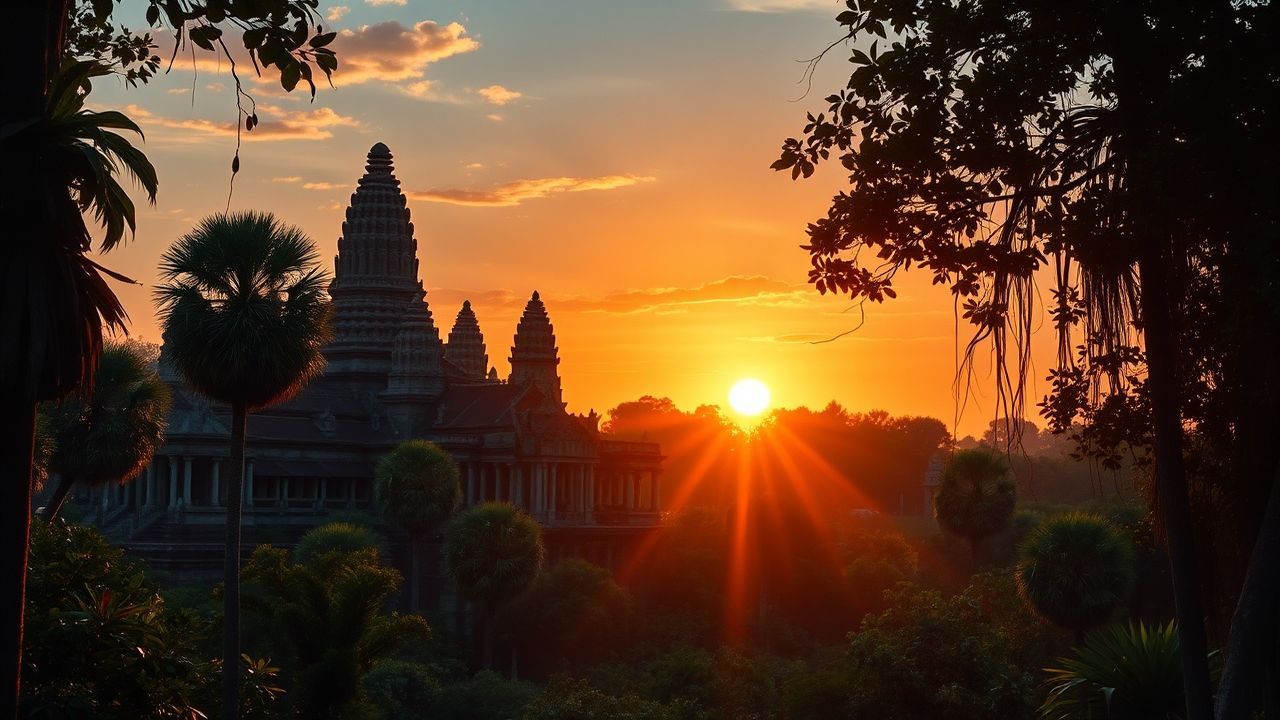 Mysterious Angkor Wat Wat Temple at Sunrise