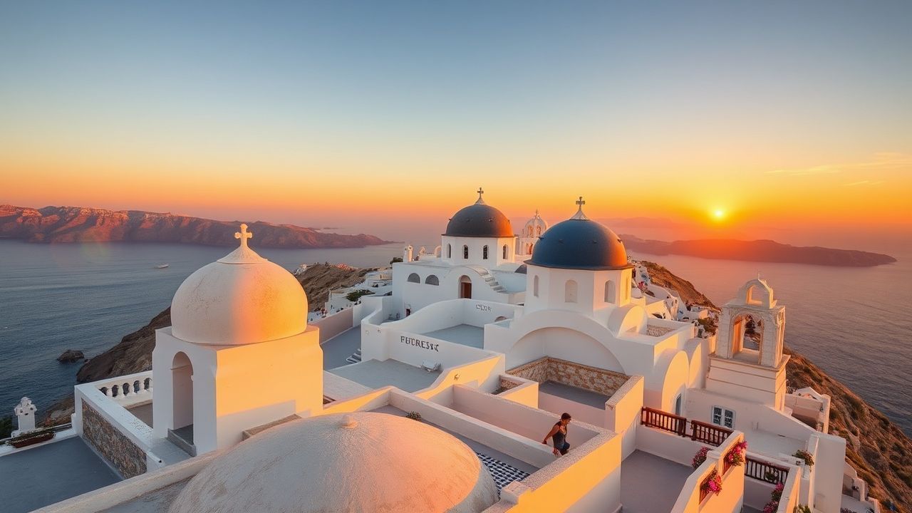 Sun-Kissed Santorini Domes White at Sunset