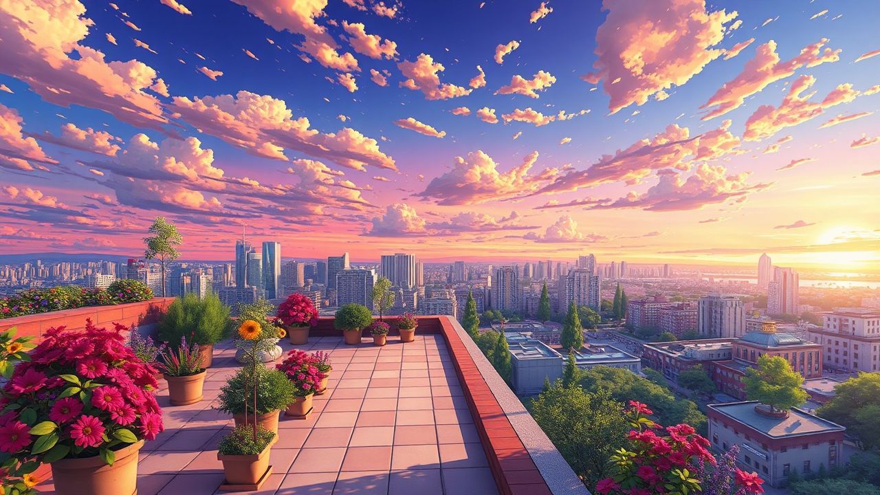 Gentle Rooftop Garden City at Sunset