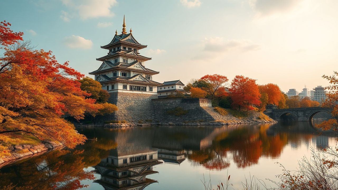 Tranquil Japanese Castle Maple in Autumn