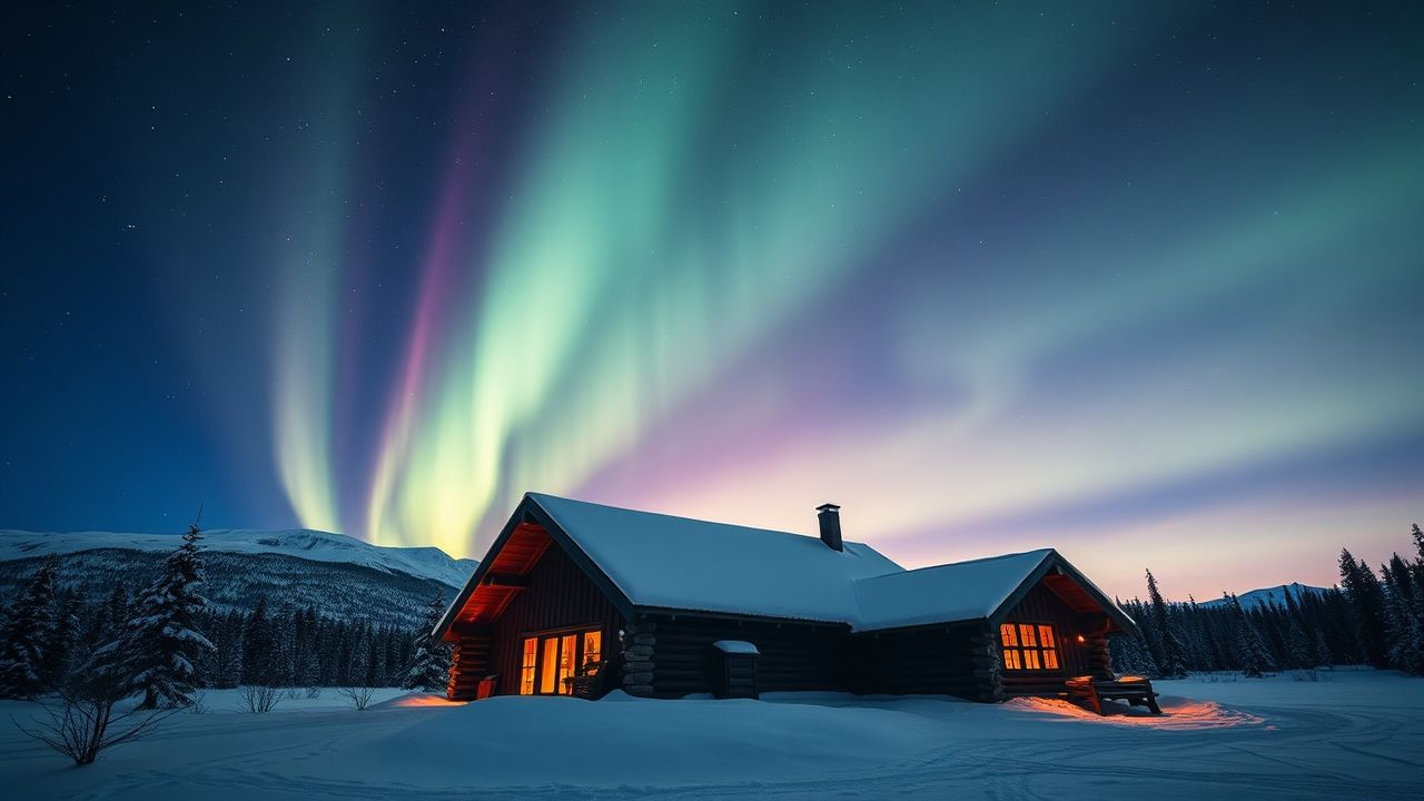 Golden Northern Lights Cabin in Winter