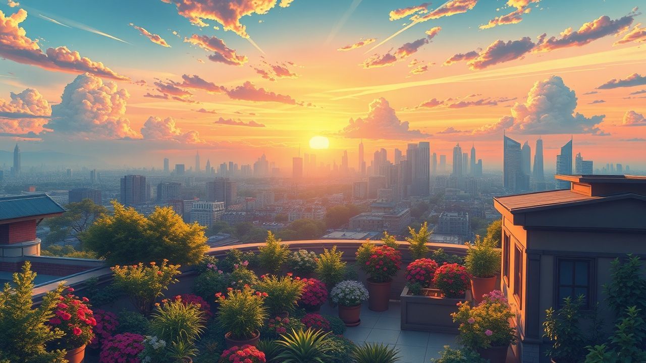 Radiant Rooftop Garden City at Sunset