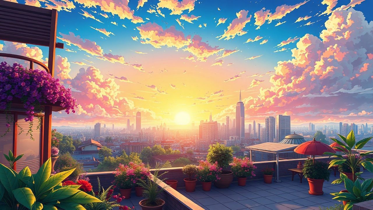 Blissful Rooftop Garden City at Sunset