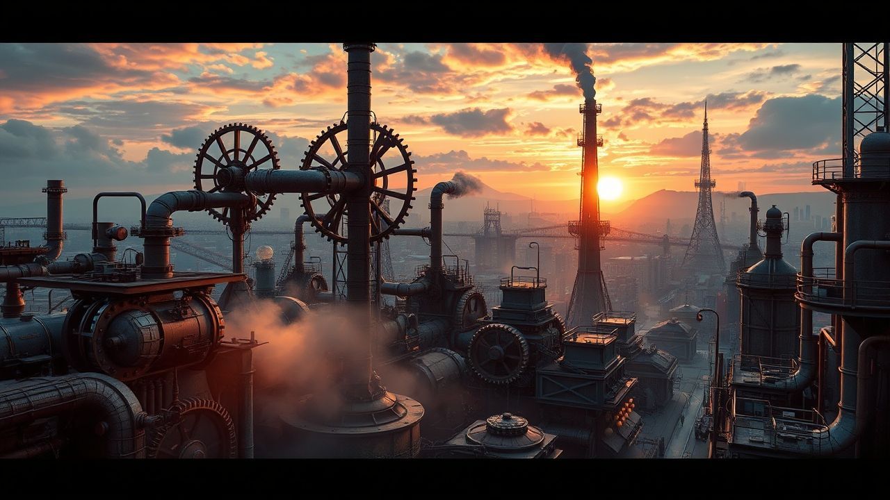 Mechanical Steampunk City Brass at Sunset