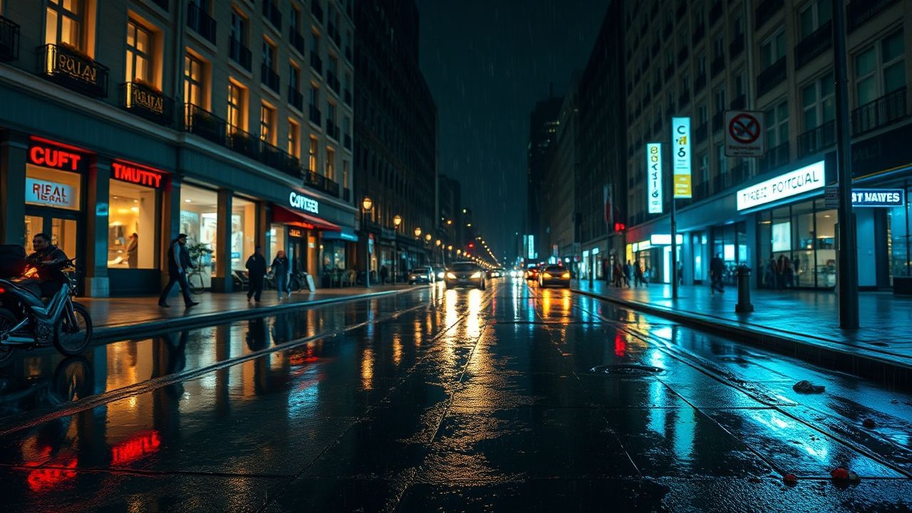 Metropolitan Street Reflections Lights in the Rain