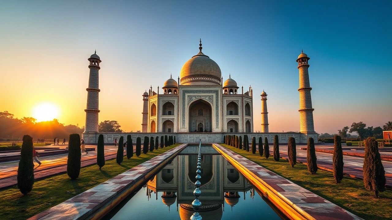 Ancient Taj Mahal Symmetry at Sunrise