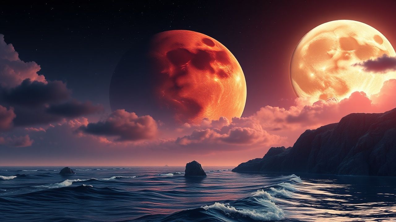 Impossible Giant Moon Touching by Night