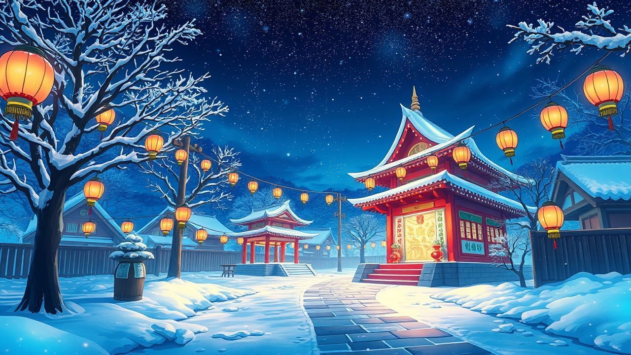 Radiant Shrine Lanterns Anime in Winter