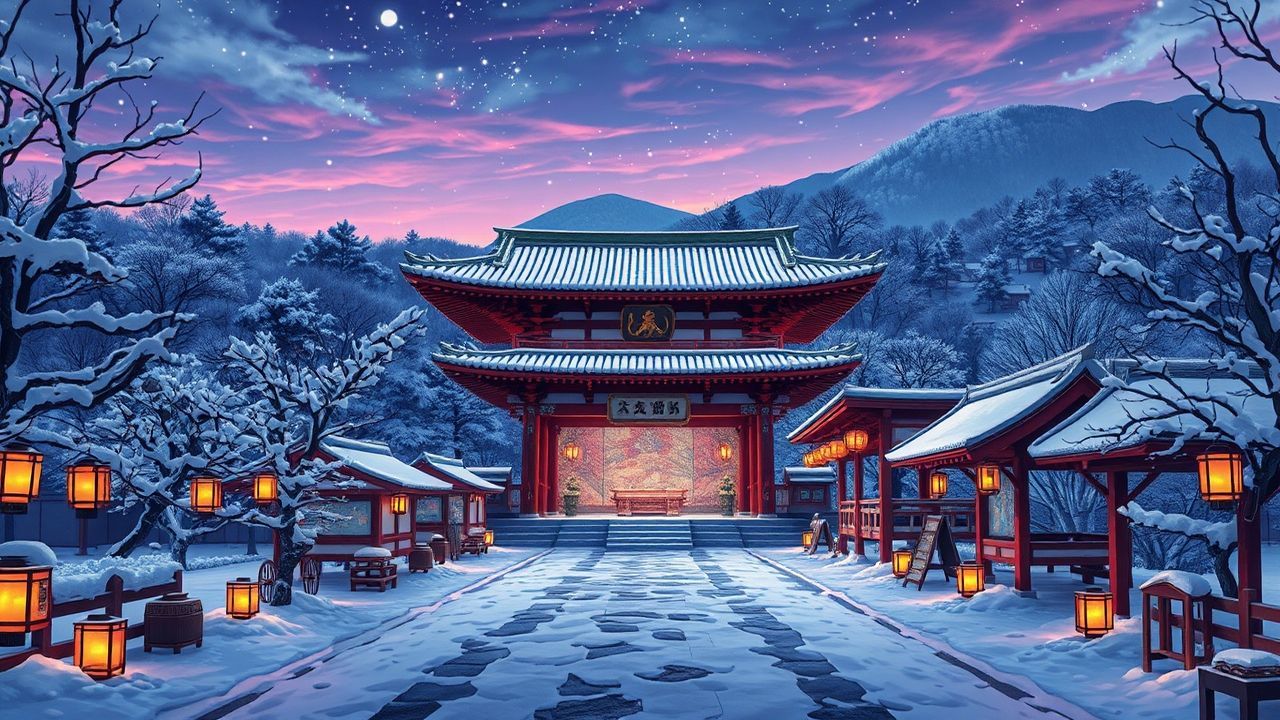 Dreamy Shrine Lanterns Anime in Winter