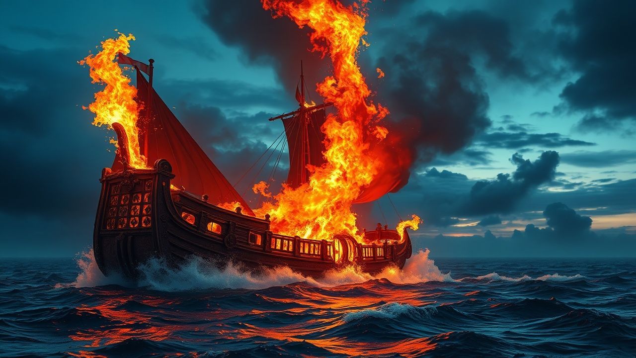 Twilight Viking Funeral Burning by Night