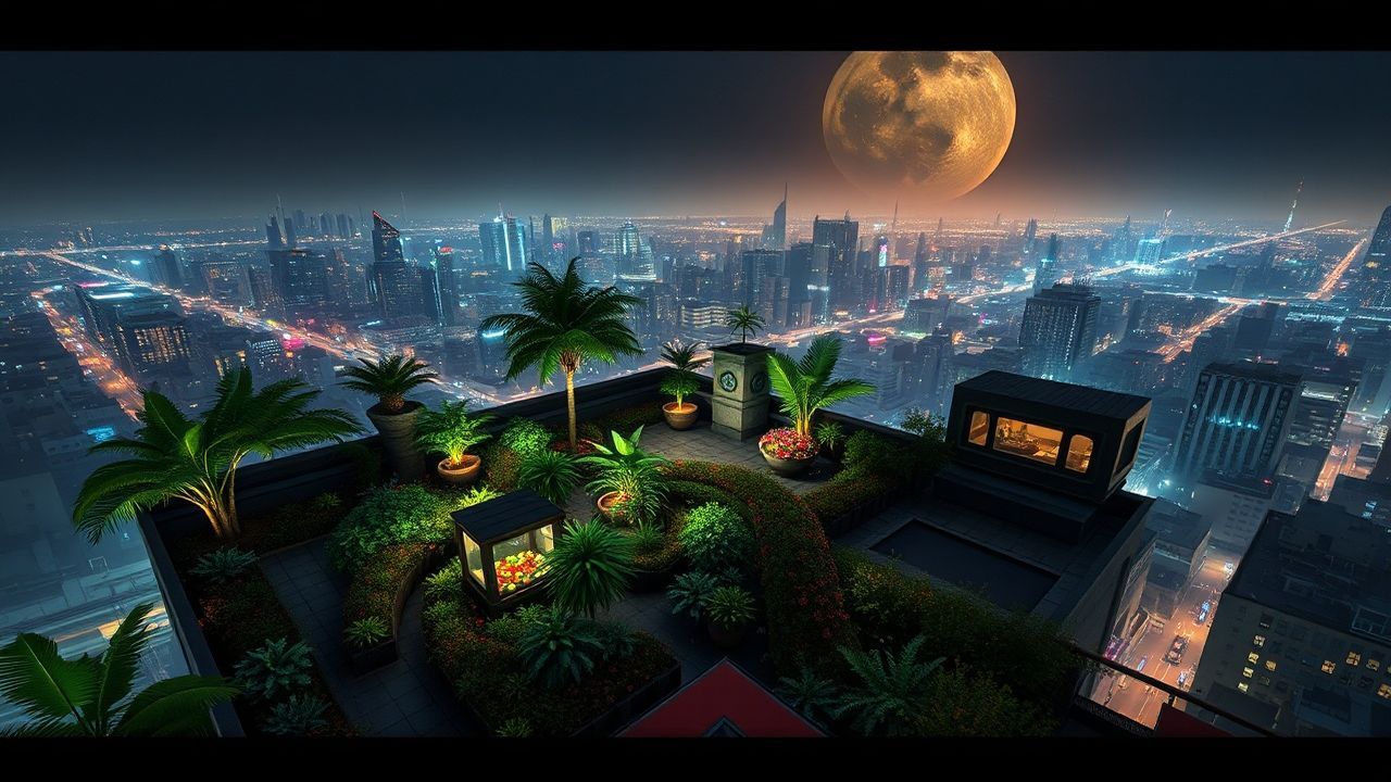 Synthetic Rooftop Garden Oasis by Night
