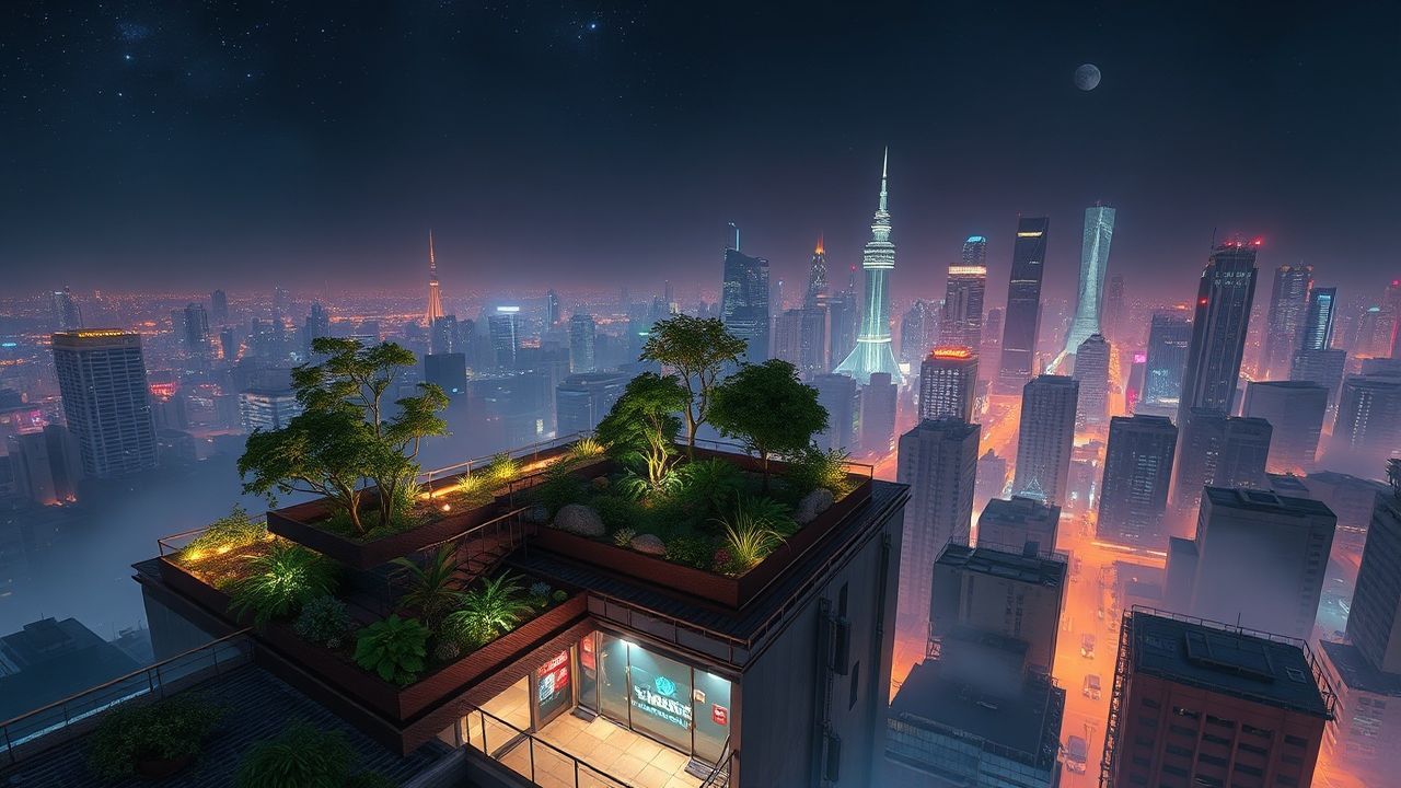 Vivid Rooftop Garden Oasis by Night