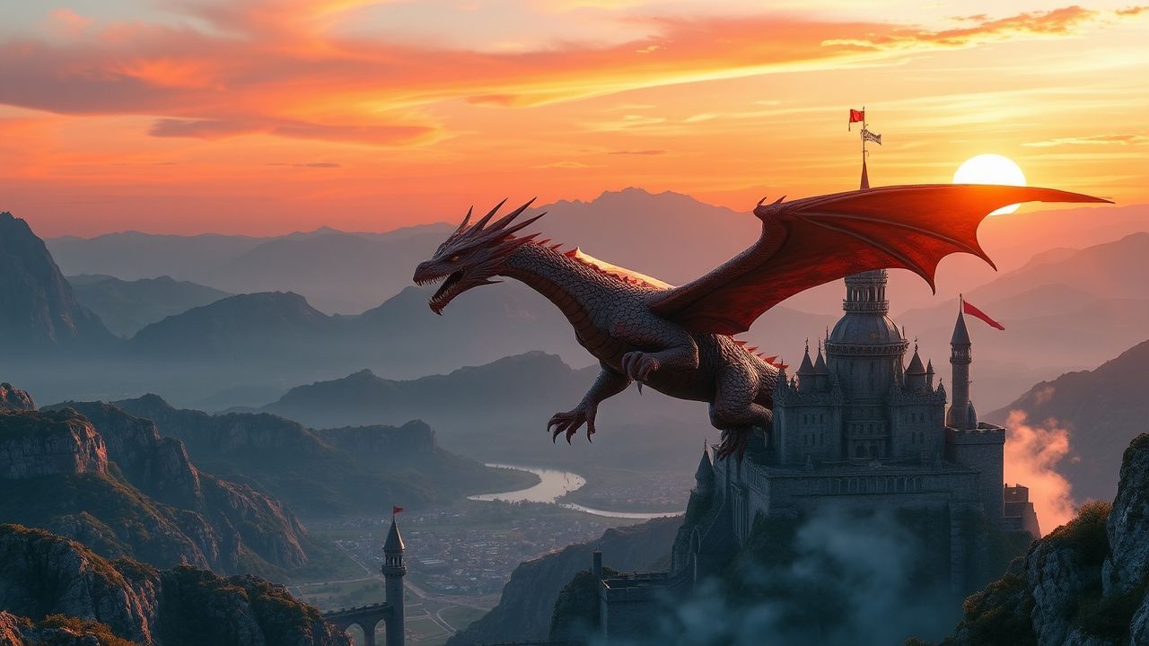 Mythical Dragon Flying Medieval at Sunset