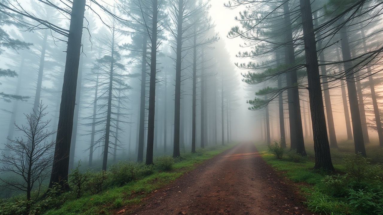 Golden Foggy Pine Forest