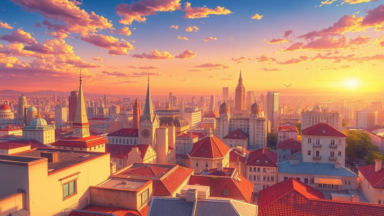 Gentle Anime Cityscape Hour in Golden Light