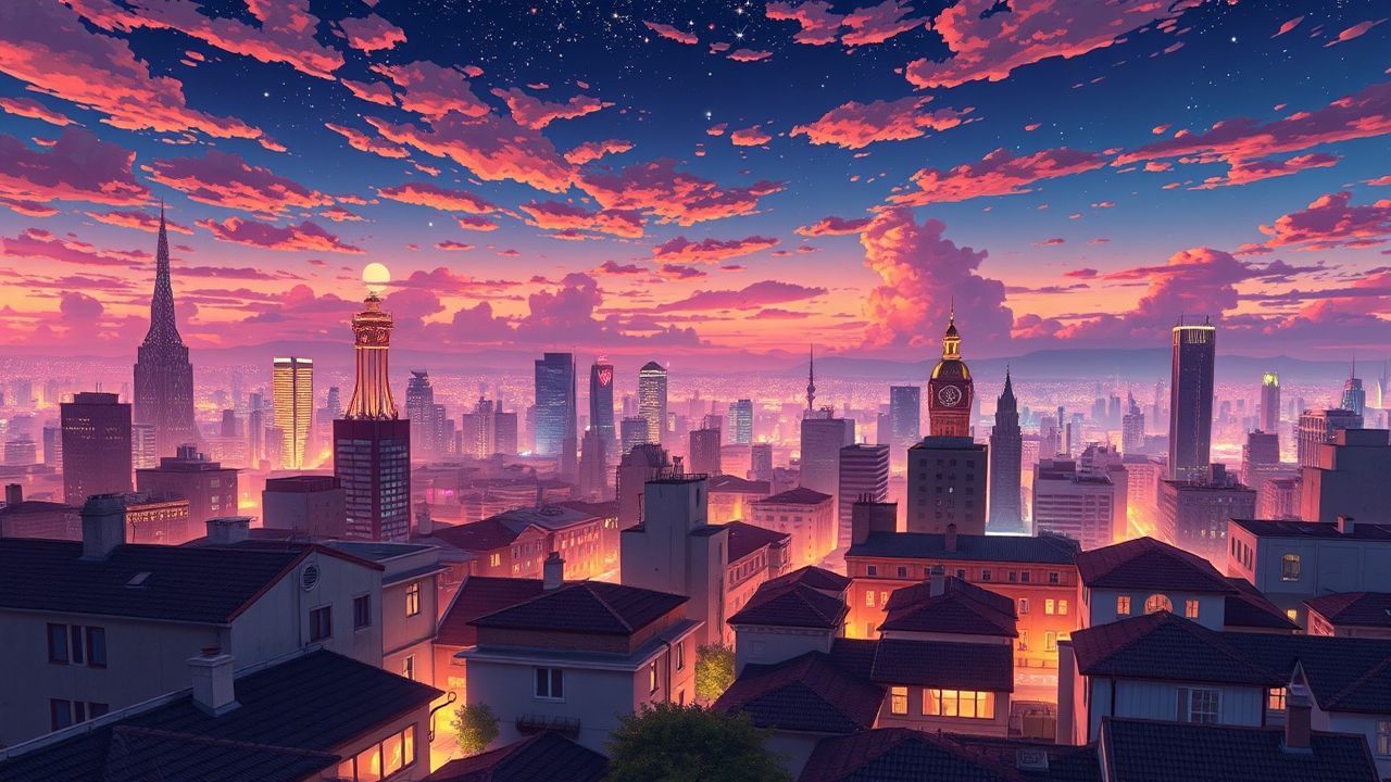 Peaceful Anime Cityscape Hour in Golden Light