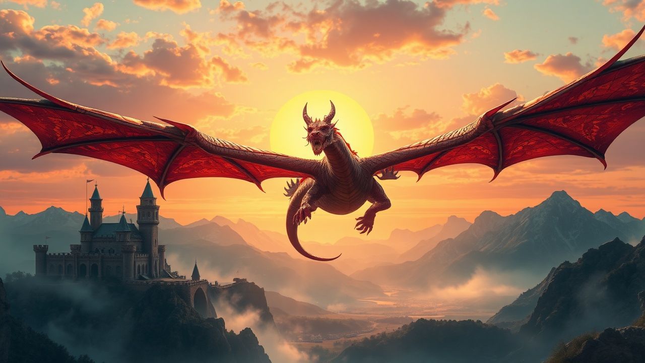 Celestial Dragon Flying Medieval at Sunset