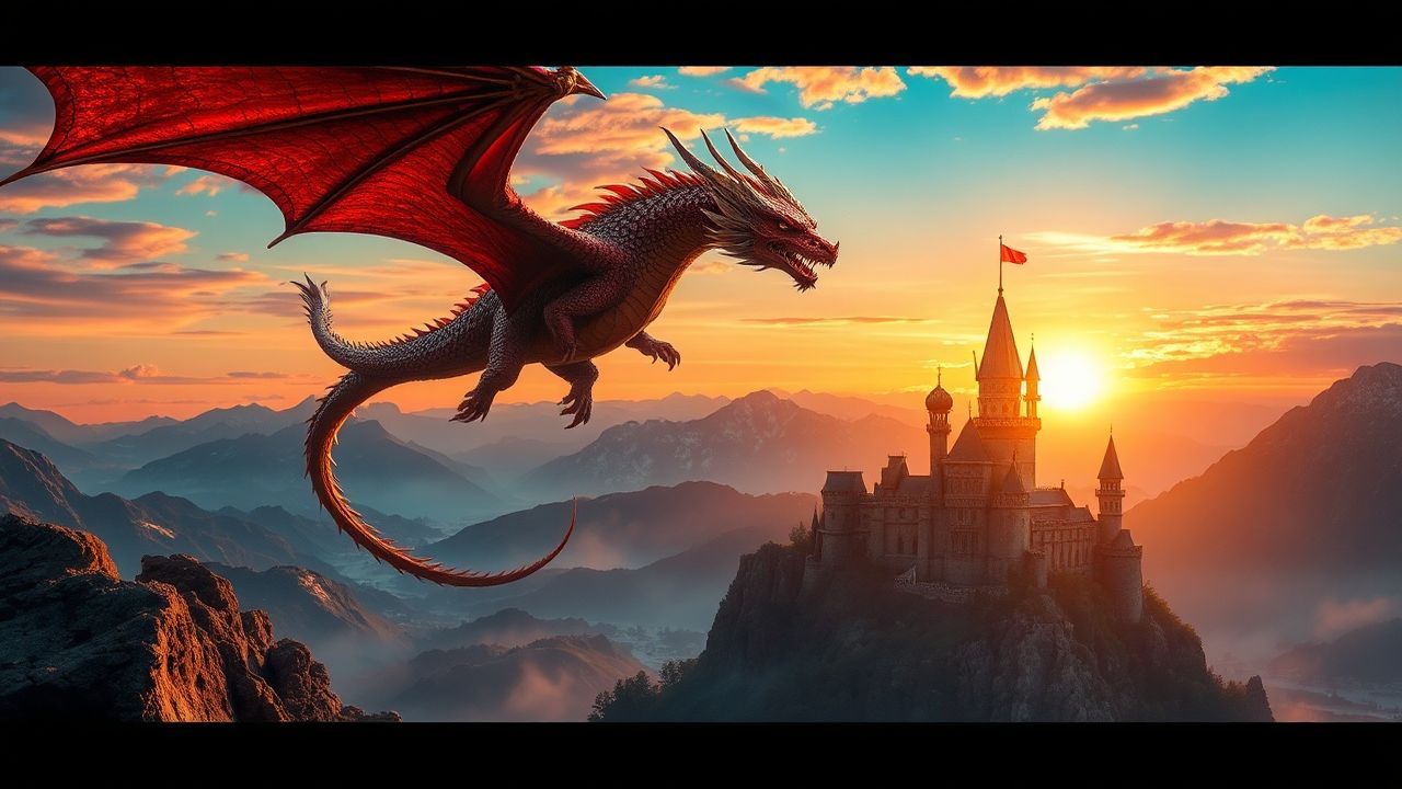 Fabled Dragon Flying Medieval at Sunset