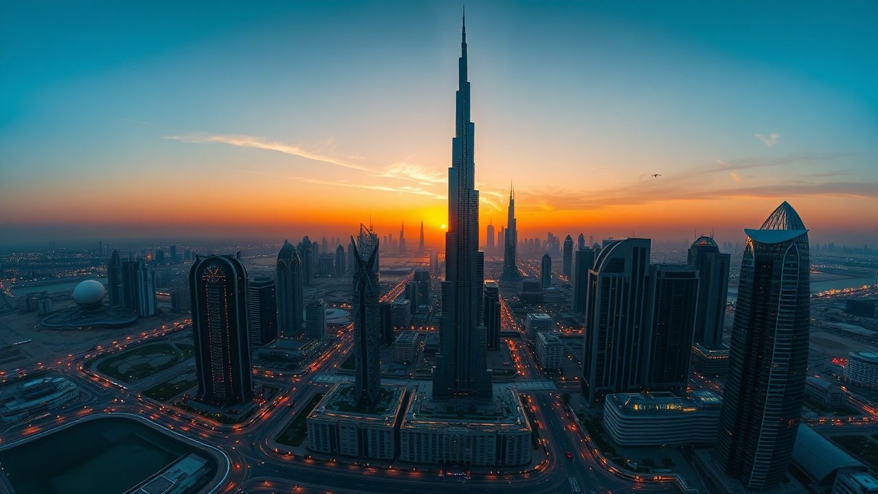 Towering Dubai Futuristic Towers at Sunset