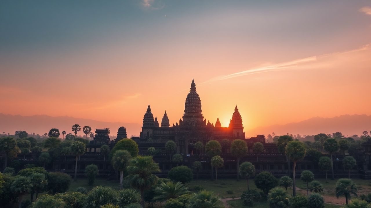 Overgrown Angkor Wat Wat Temple at Sunrise