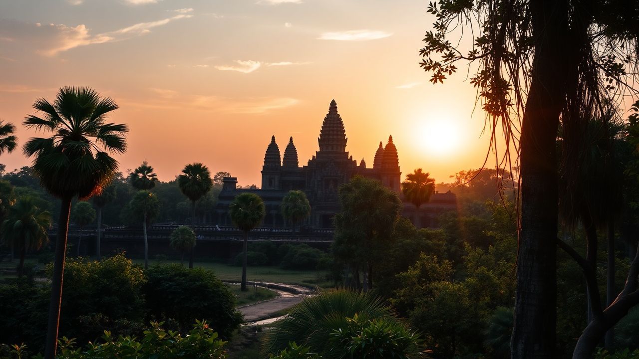 Ancient Angkor Wat Wat Temple at Sunrise