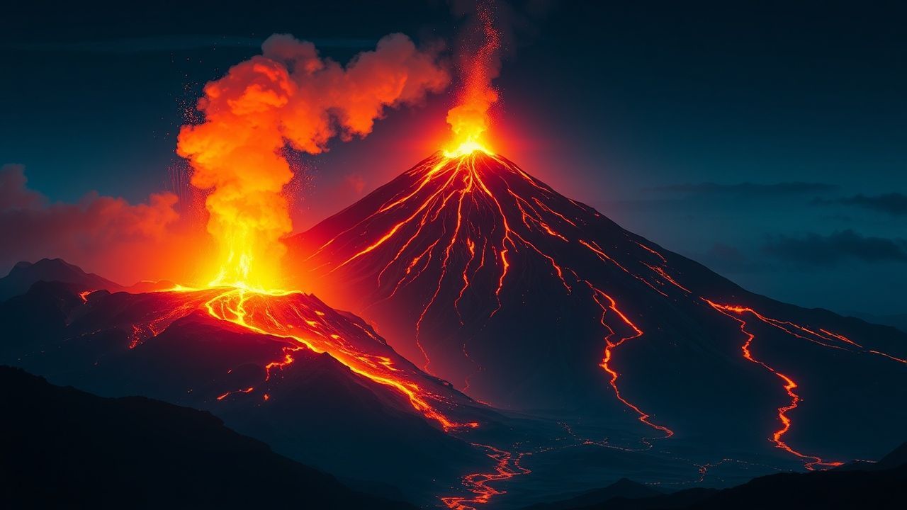 Wild Volcanic Eruption Lava by Night