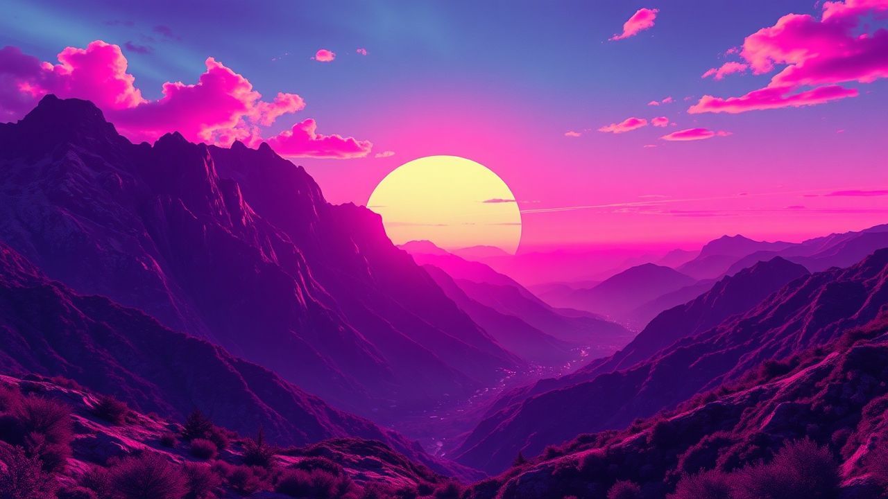 Glitch Vaporwave Grid Mountains at Sunset