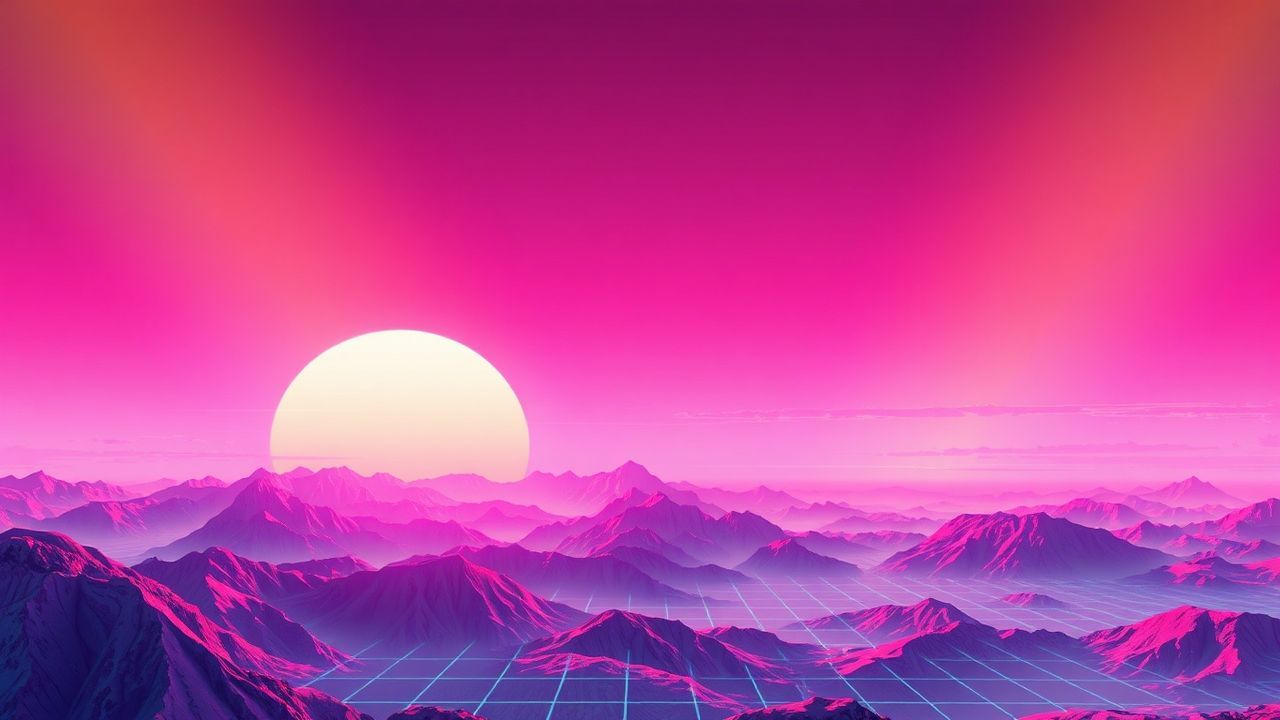 Dreamy Vaporwave Grid Mountains at Sunset