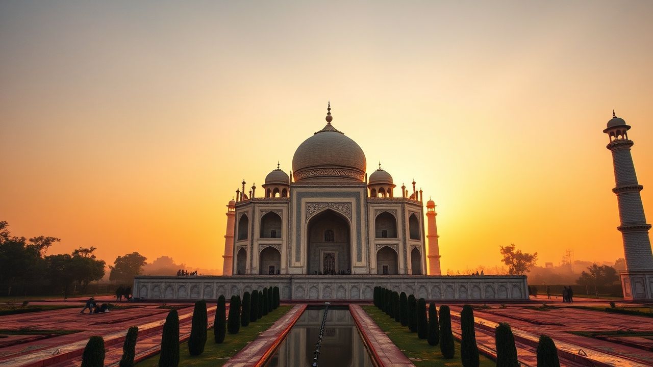 Ancient Taj Mahal Symmetry at Sunrise
