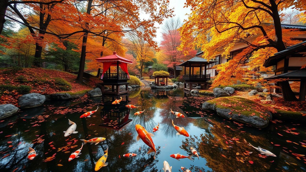 Stunning Japanese Koi Pond in Autumn