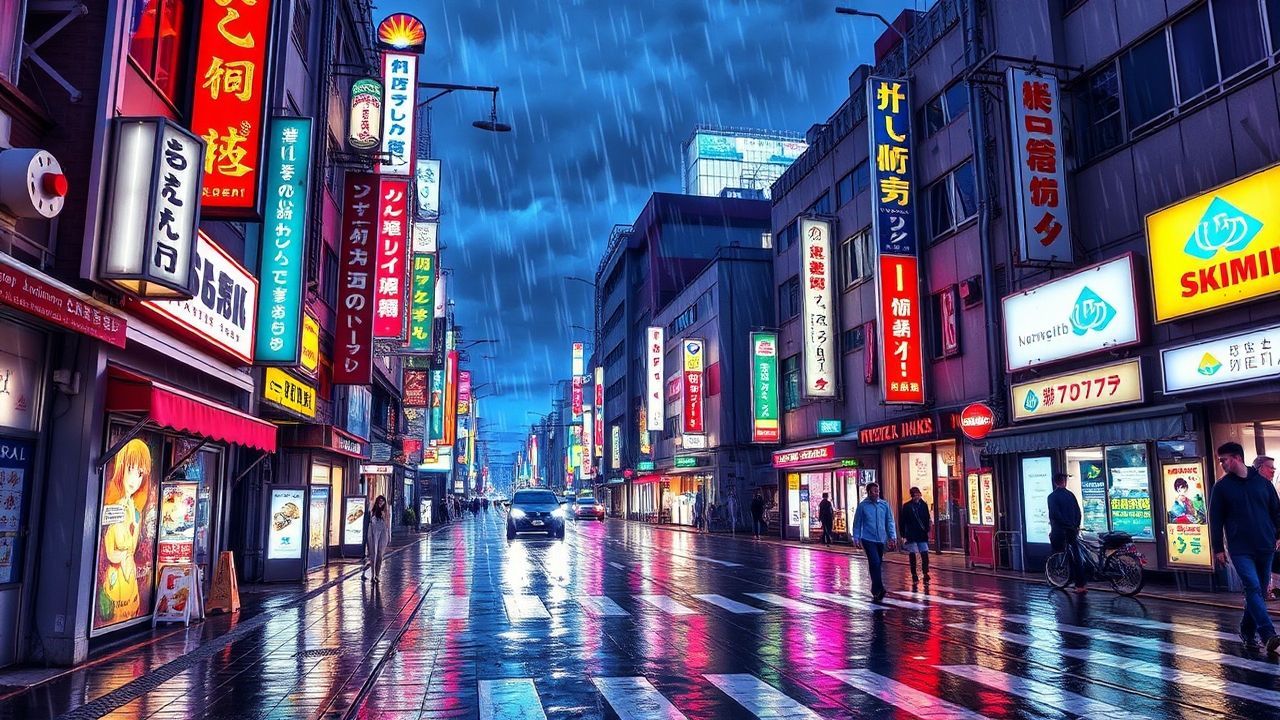 Radiant Tokyo Street Signs in the Rain