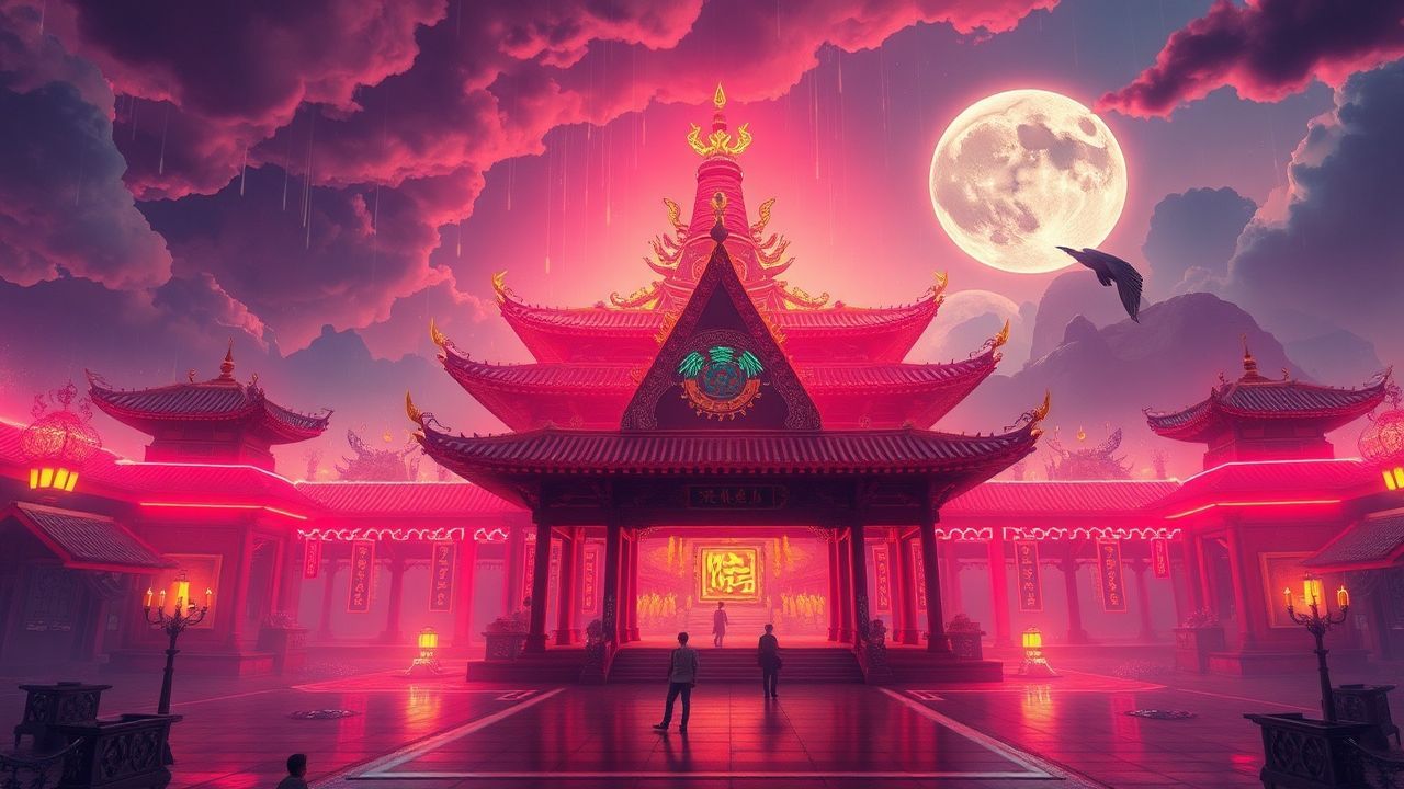 Futuristic Temple Shrine Traditional Neon Dreams