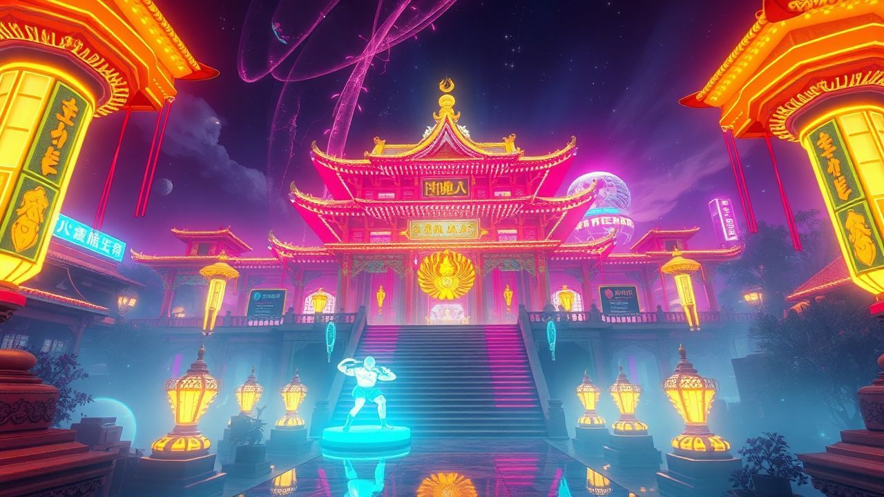 Vibrant Temple Shrine Traditional Neon Dreams