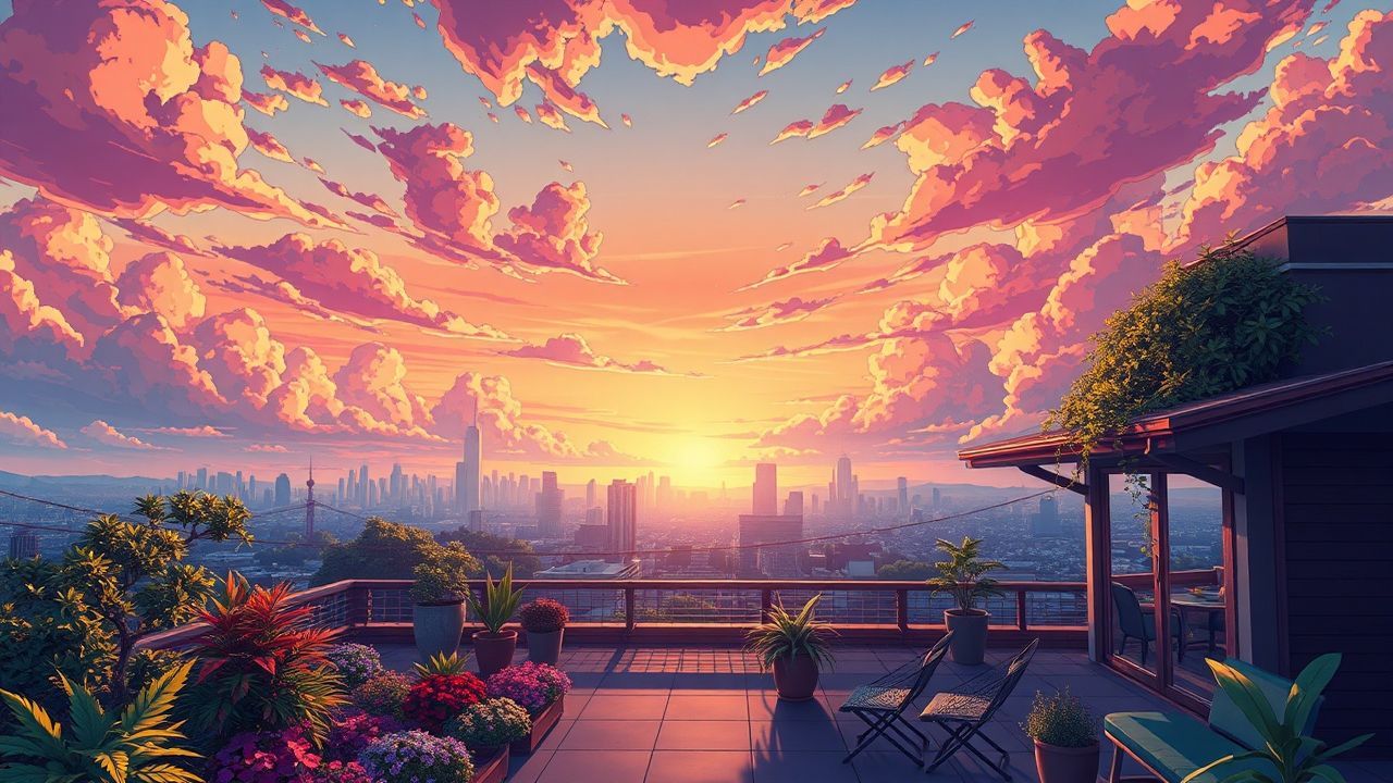 Luminous Rooftop Garden City at Sunset