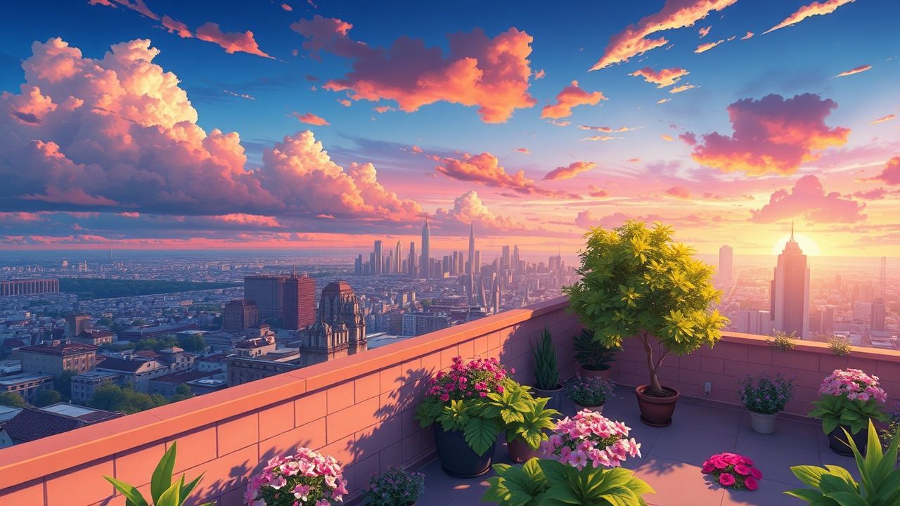 Radiant Rooftop Garden City at Sunset