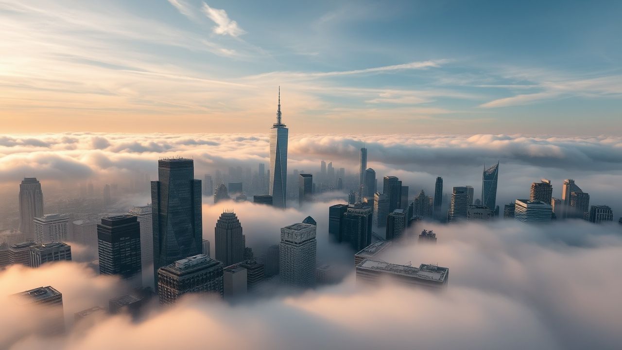 Towering City Skyscrapers Emerging in the Mist