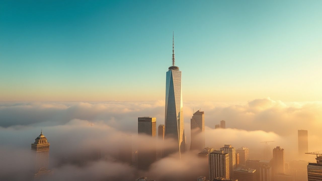 Sleepless City Skyscrapers Emerging in the Mist