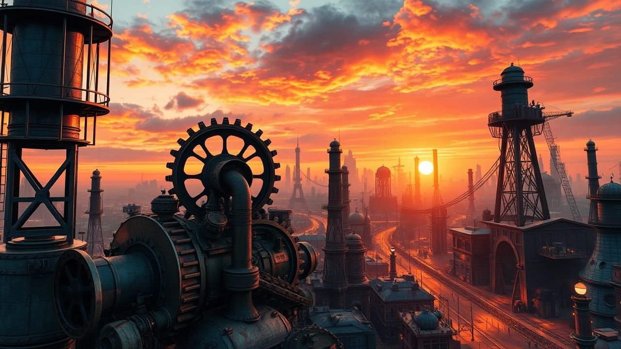 Industrial Steampunk City Brass at Sunset