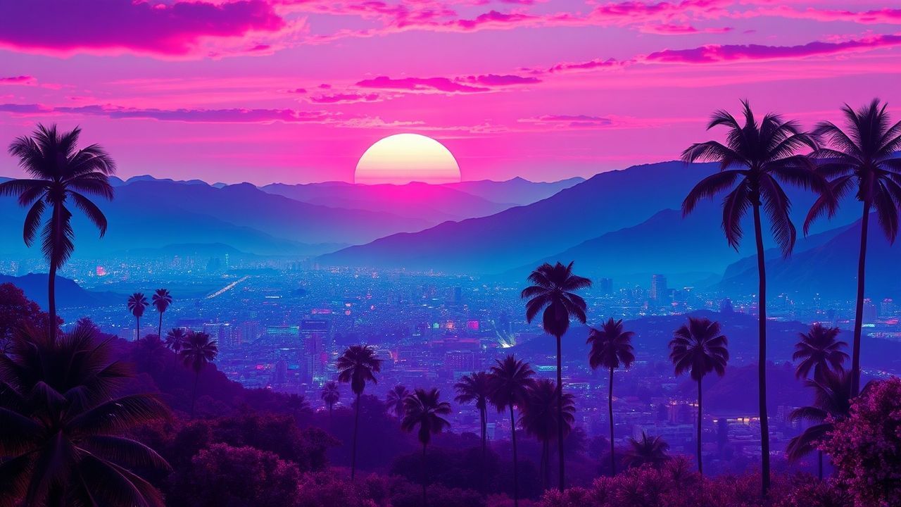 Nostalgic Synthwave Grid Mountains at Sunset