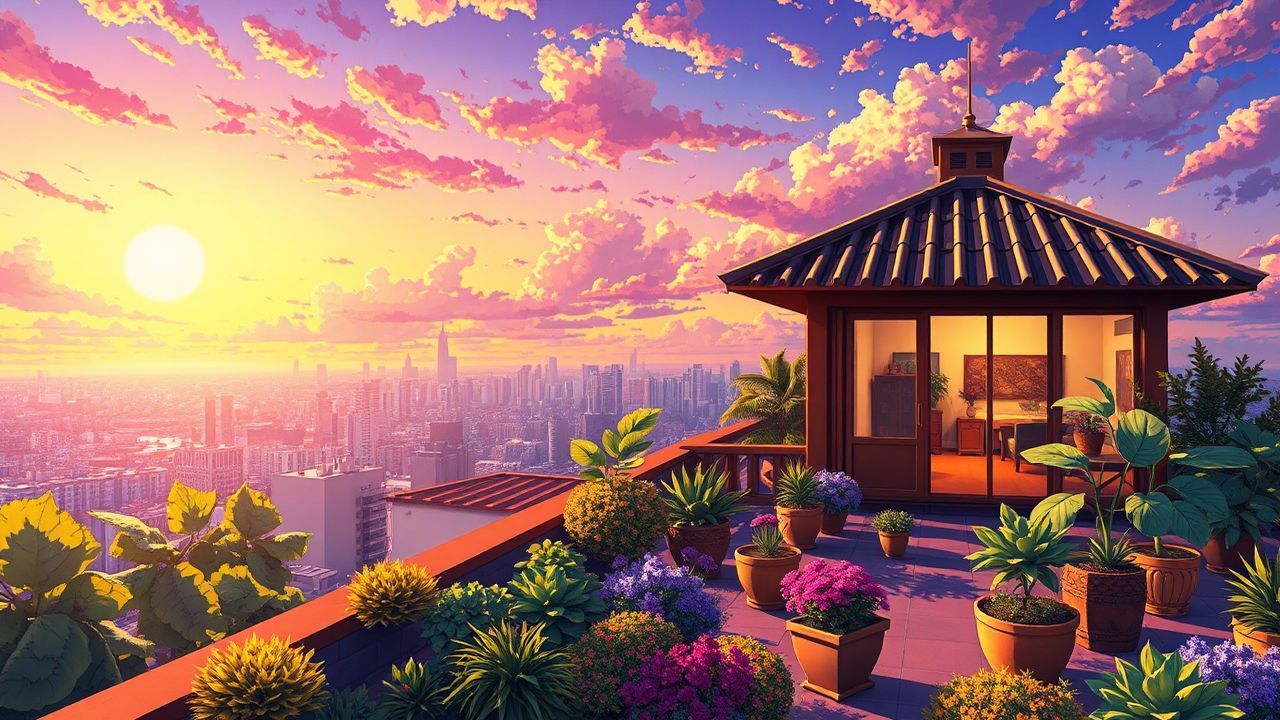 Vibrant Rooftop Garden City at Sunset