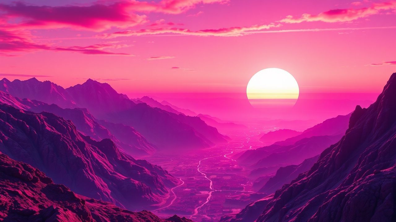 Liminal Vaporwave Grid Mountains at Sunset