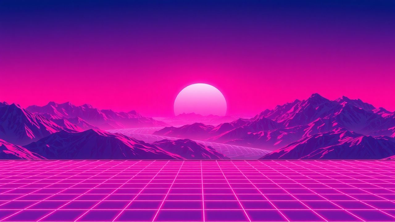 Digital Vaporwave Grid Mountains at Sunset