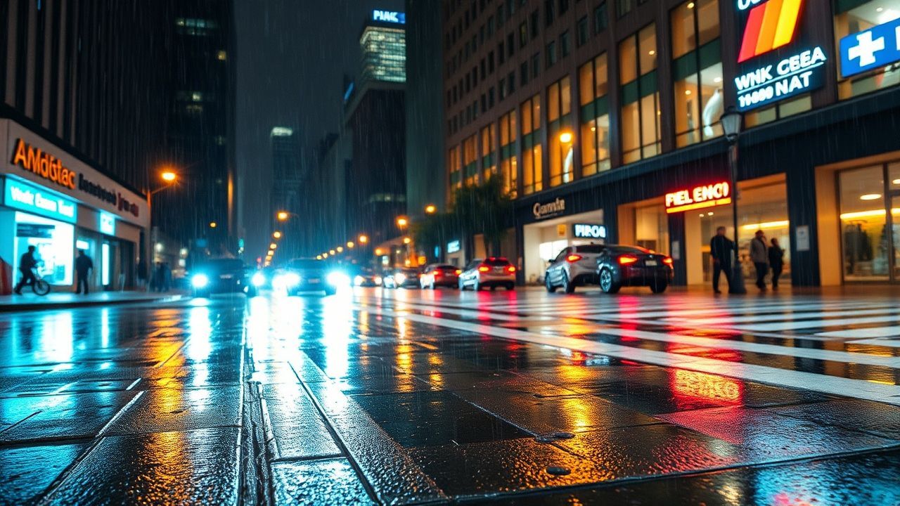 Panoramic Street Reflections Lights in the Rain