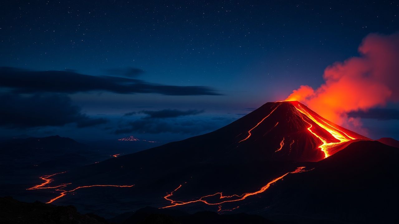 Dramatic Volcanic Eruption Lava by Night