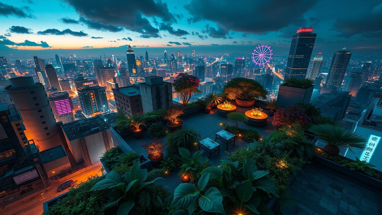 Electric Rooftop Garden Oasis by Night