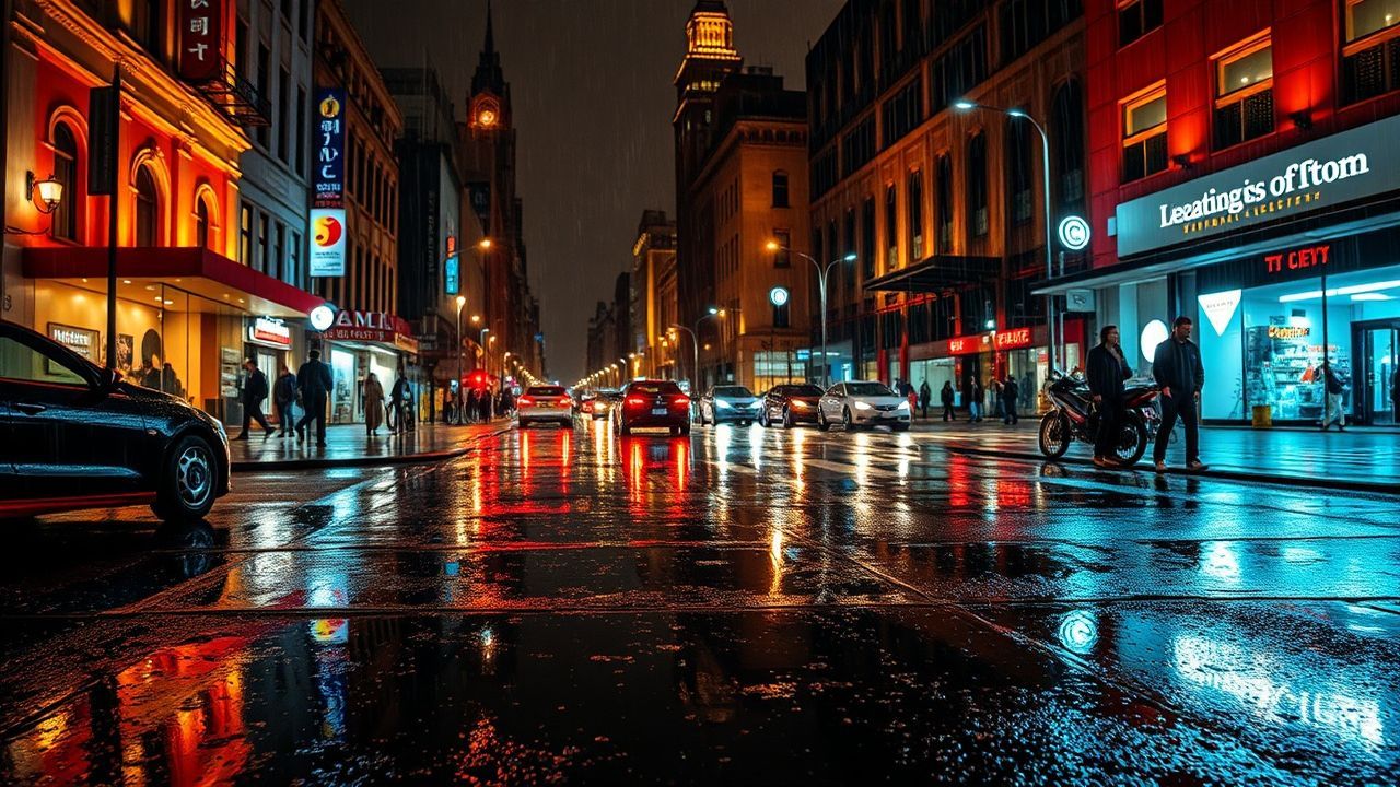 Towering Street Reflections Lights in the Rain